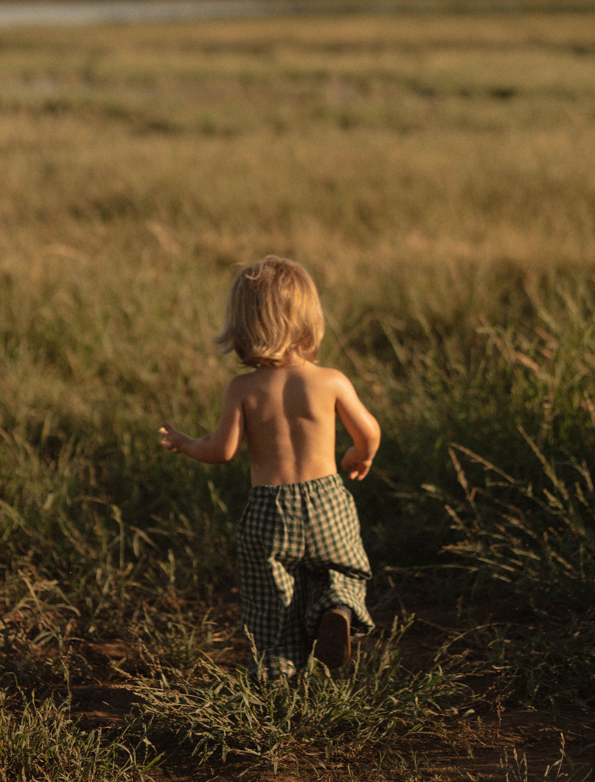 Young child running shirtless through a sunlit field at golden hour, wearing green gingham pants.