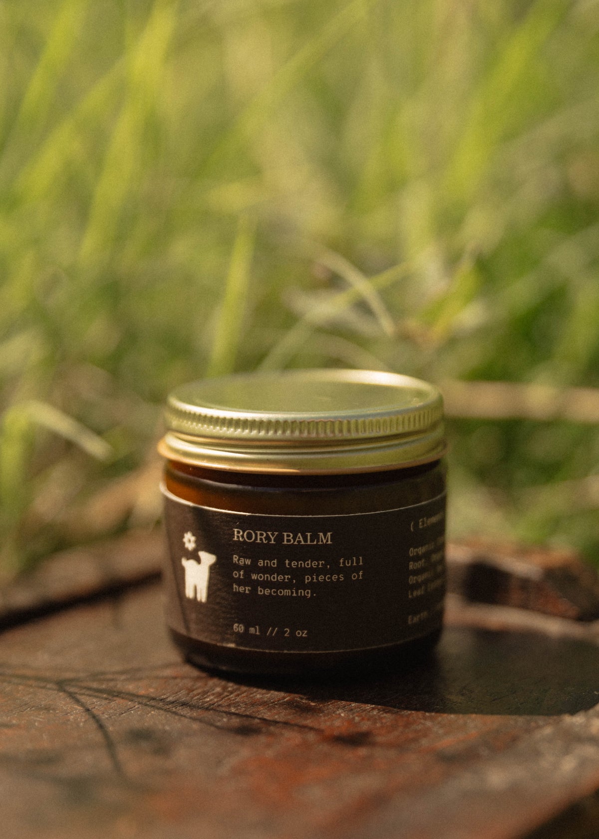 A small amber glass jar of Salt Folk's Rory Balm, a body balm with a gold metal lid and a dark brown label, resting on a rustic wooden surface with a blurred green grassy background.